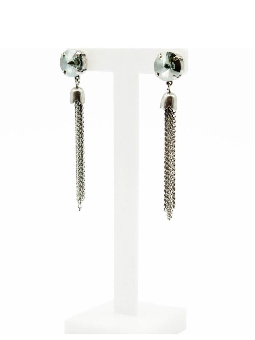 Crystal Waterfall Fringe Tassel Earrings Silver Green Tone Rhinestone Statement - Picture 4 of 4
